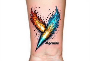 A twin comet design, one burning in fiery orange and the other glowing in icy blue, crashing into each other with word !gemini" underneath. tattoo idea