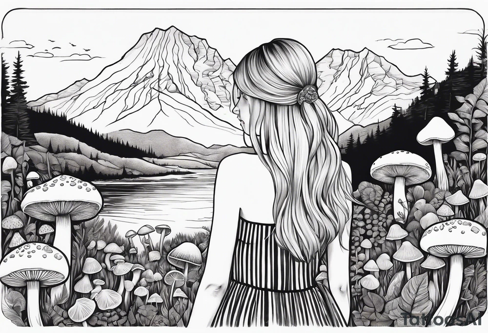Straight blonde hair girl holding mushrooms in hand facing away toward mountains surrounded by mushrooms circular design black and white striped dress tattoo idea