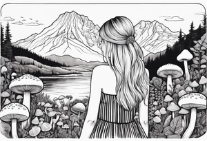 Straight blonde hair girl holding mushrooms in hand facing away toward mountains surrounded by mushrooms circular design black and white striped dress tattoo idea