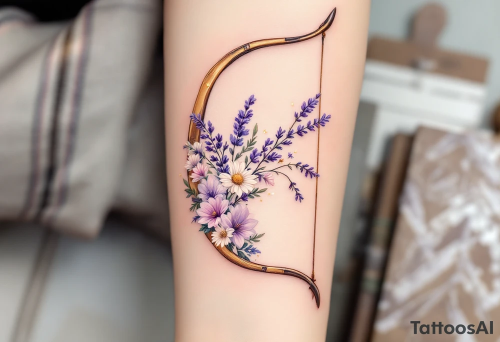 A wooden bow with a delicate set of wildflowers (like lavender and daisies) intertwined in the string. The bow is shaded in earthy browns, and the flowers have soft purple, pink, and white hues, symbolizing Sagittarius’ love for nature and beauty. The arrow has a subtle golden shimmer. tattoo idea