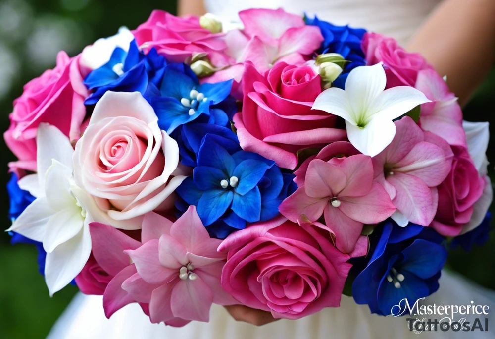 based on my wedding flowers for my wrist:Light pink hydrangea petals, white hydrangea petals, deep blue hydrangea petals, hot pink hydrangea petals, baby pink roses, hot pink roses, light pink stargazer lilies. With some purpley/bluey delphinium petals and tiny white and light pink flowers. With leaves weaving between them all and festoon and fairy lights around the outside, giving the flowers a glow. tattoo idea