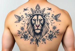 powerful majestic lion with a crown, surrounded by floral ornaments and birds tattoo idea