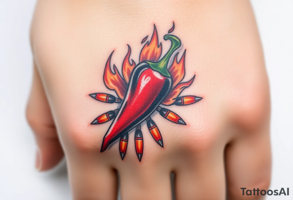 Chili pepper with flames and raining bullets tattoo idea