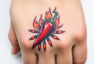 Chili pepper with flames and raining bullets tattoo idea