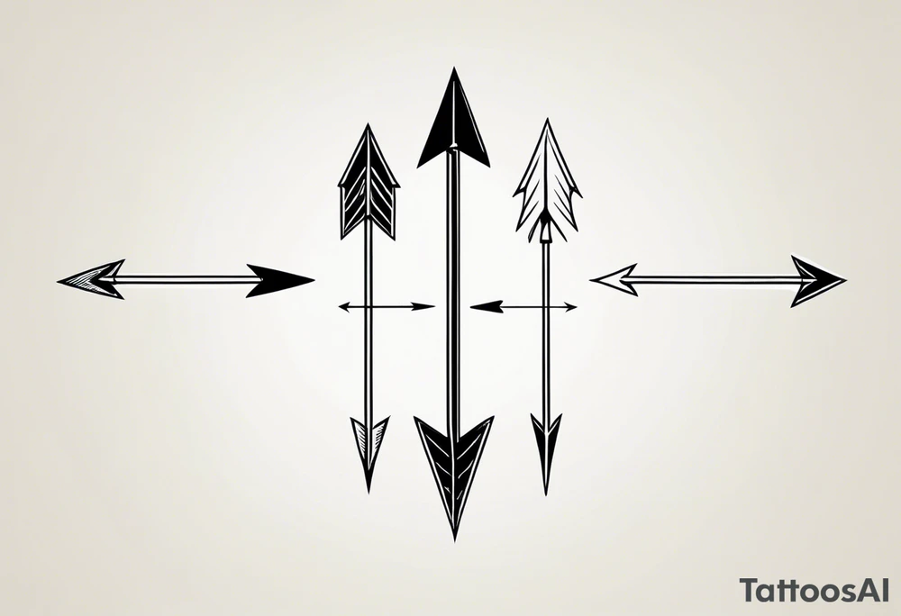 three minimalistic parallel medieval arrows.
two arrows broken. arrows need to have a flight at one end and a head at the other

arrows represent my auntie who died at 62, myself, and my son who died at 6 months old tattoo idea