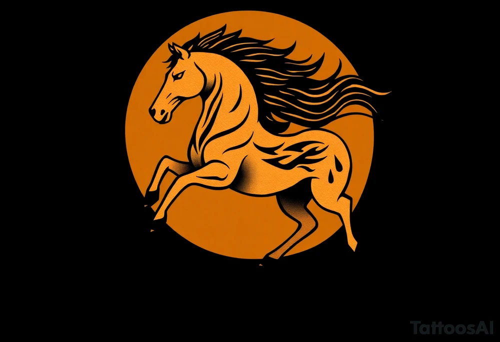 The tattoo represents a supernatural encounter with a golden horse with jet-black fur in the mountains of Choquequirao (Cusco, Peru). This mysterious, fleeting horse symbolizes strength, energy, and spiritual rebirth. It appeared at full speed, its hooves shaking the ground, its breath so powerful it drowned out all other sounds. The narrator felt no fear, only awe as the horse took a perfect curve, muscles tense, radiating power and grace. Its presence transformed the narrator, giving them the energy to complete an exhausting trek and leaving them with a profound connection to something greater. The tattoo aims to capture the essence of this moment: strength, speed, beauty, and the spirit of the mountain. tattoo idea
