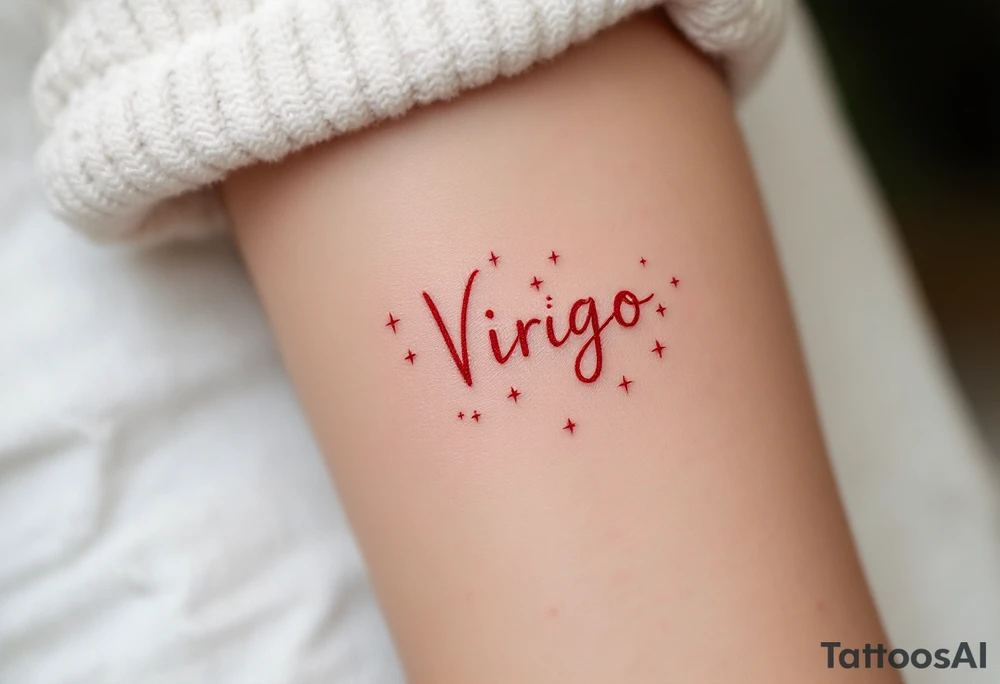 A bold Virgo sign in crimson red centers the arm with delicate white stars orbiting in constellation form. tattoo idea