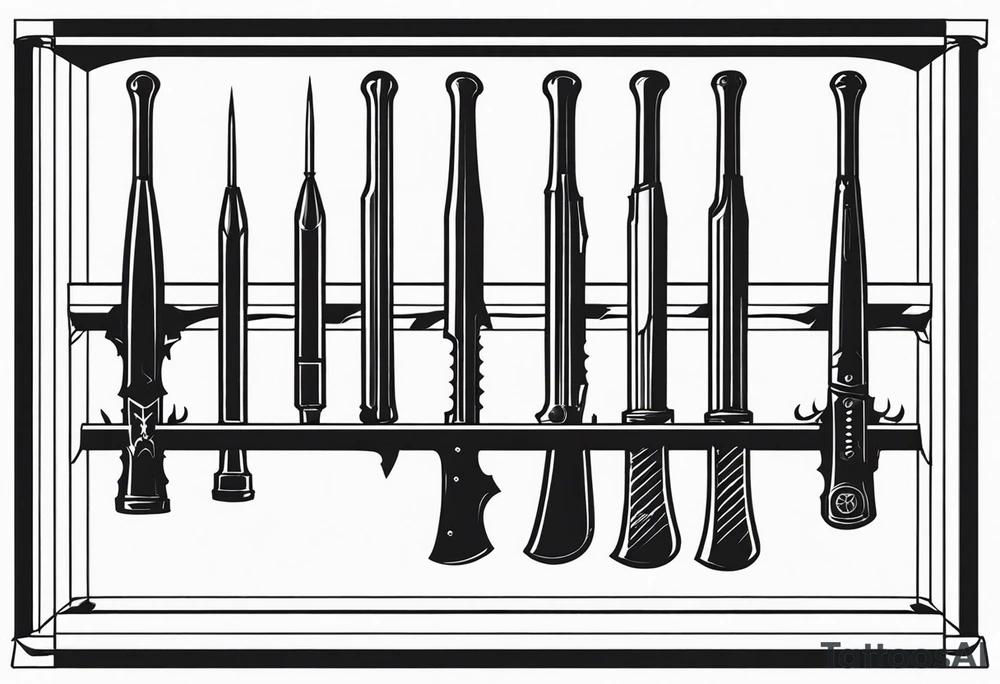 A weapons rack with 4 bats hanging from 4 of the 6 open spaces. tattoo idea