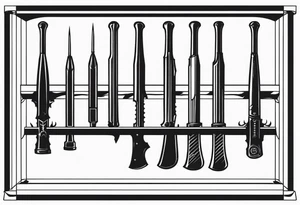 A weapons rack with 4  bats hanging from 4 of the 6 open spaces. tattoo idea