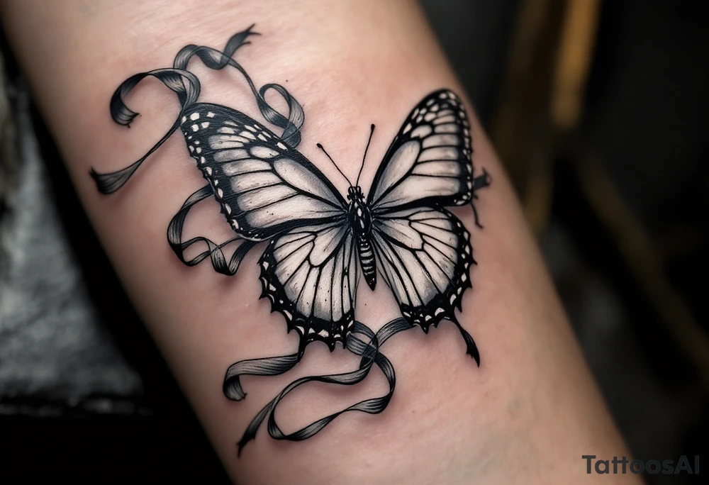 ethereal butterfly with flowing silk ribbons in moonlight tattoo idea