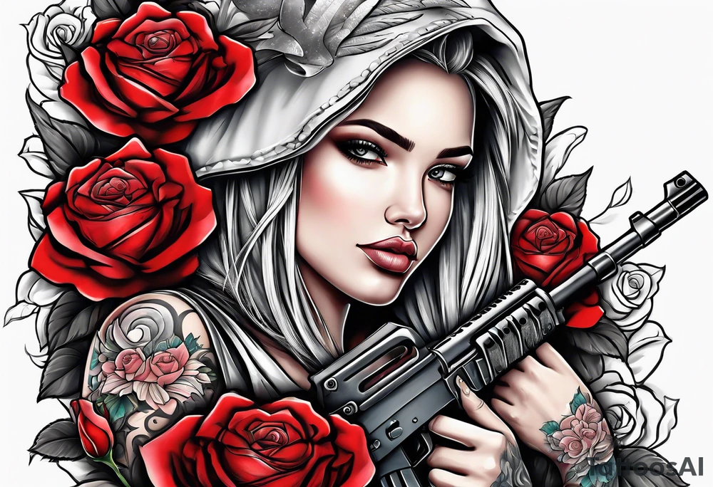 Beautiful angle with tattoos surrounded by roses holding a ak 47 tattoo idea
