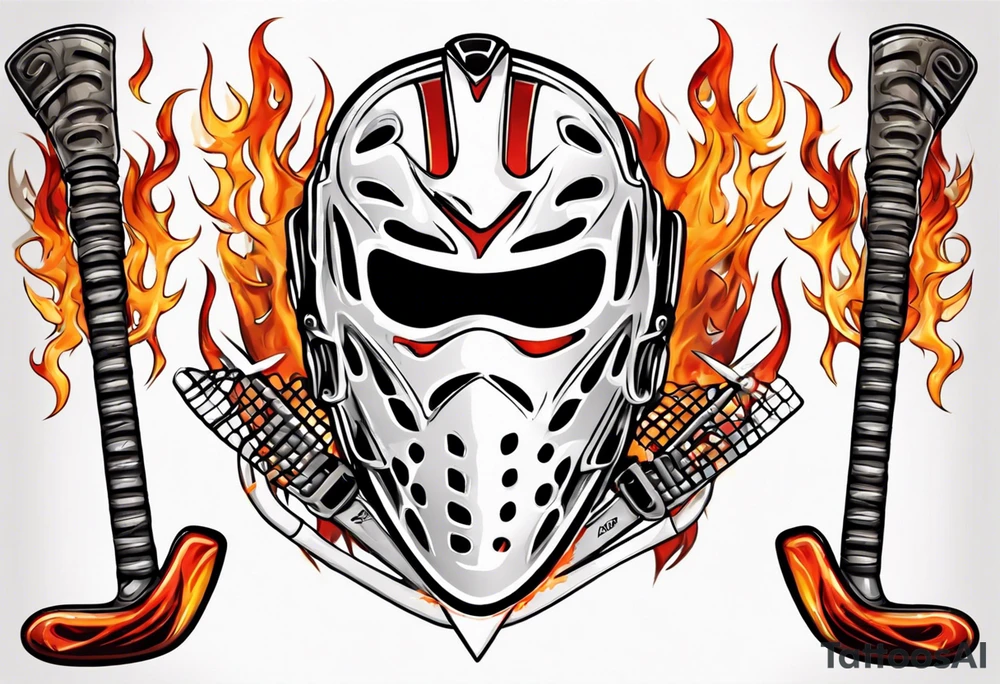a goalie mask and crossed hockey sticks with flames that says "SHOT HOCKEY" tattoo idea