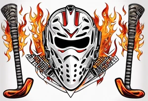 a goalie mask and crossed hockey sticks with flames that says "SHOT HOCKEY" tattoo idea