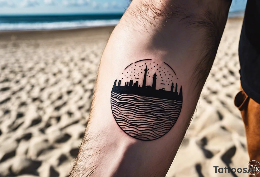 This is an extremely simple and minimalistic tattoo on male forearm. It has no color. The tattoo is flipped 180 degrees and covers the forearm lengthwise and is not tall and not round. From the perspective of being on the ocean, Water is calm, with no waves in sight, the sun is setting behind the ocean, reflecting light onto the ocean. tattoo idea