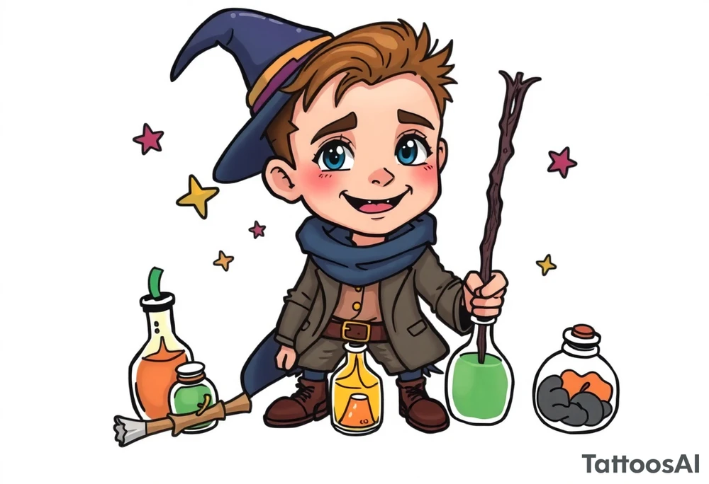 Handsome young adult guy is  accidentally stumbled upon witch tools, supplies, artifacts, potions tattoo idea