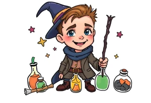 Handsome young adult guy is  accidentally stumbled upon witch tools, supplies, artifacts, potions tattoo idea