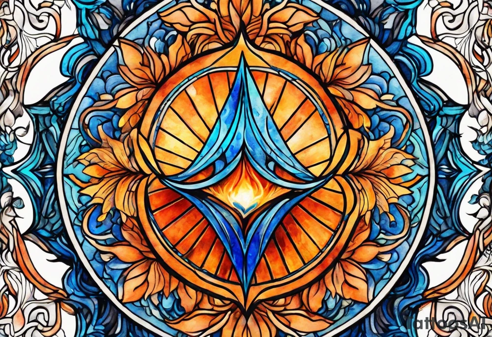 Twin flame symbol with blue and orange fire. Intricate lining and watercolor paint for the fire. Make it a small tattoo. tattoo idea