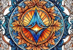 Twin flame symbol with blue and orange fire. Intricate lining and watercolor paint for the fire. Make it a small tattoo. tattoo idea
