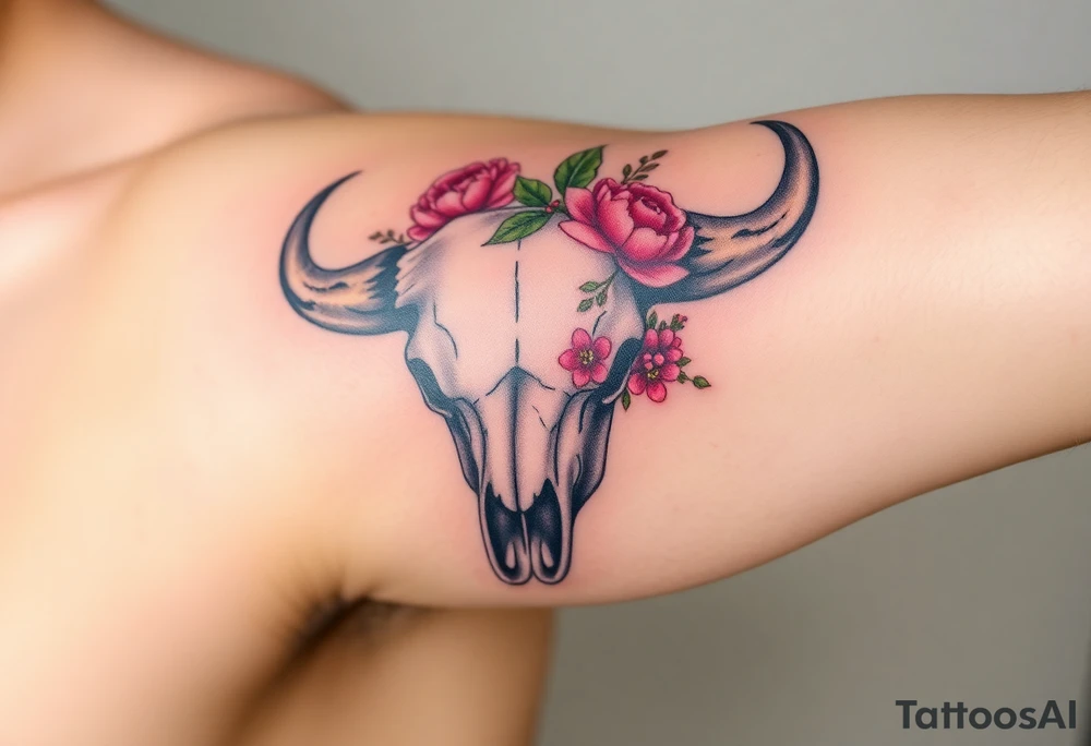 Buffalo skull with flowers. Peony, snowdrop, holly with berries, larkspur, peony. Colour. For upper arm. Masculin. 

Have one peony and snowdrop above horns. Have holly with berries, larkspur, peony below horns. tattoo idea