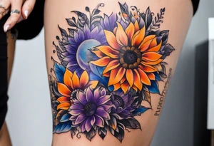 Full leg sleeve with purple, orange and blue sunflowers tattoo idea