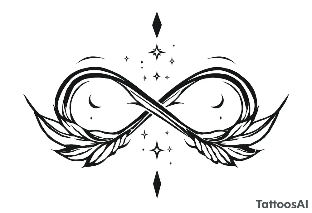 infinity symbol woven with floating feathers and stardust tattoo idea