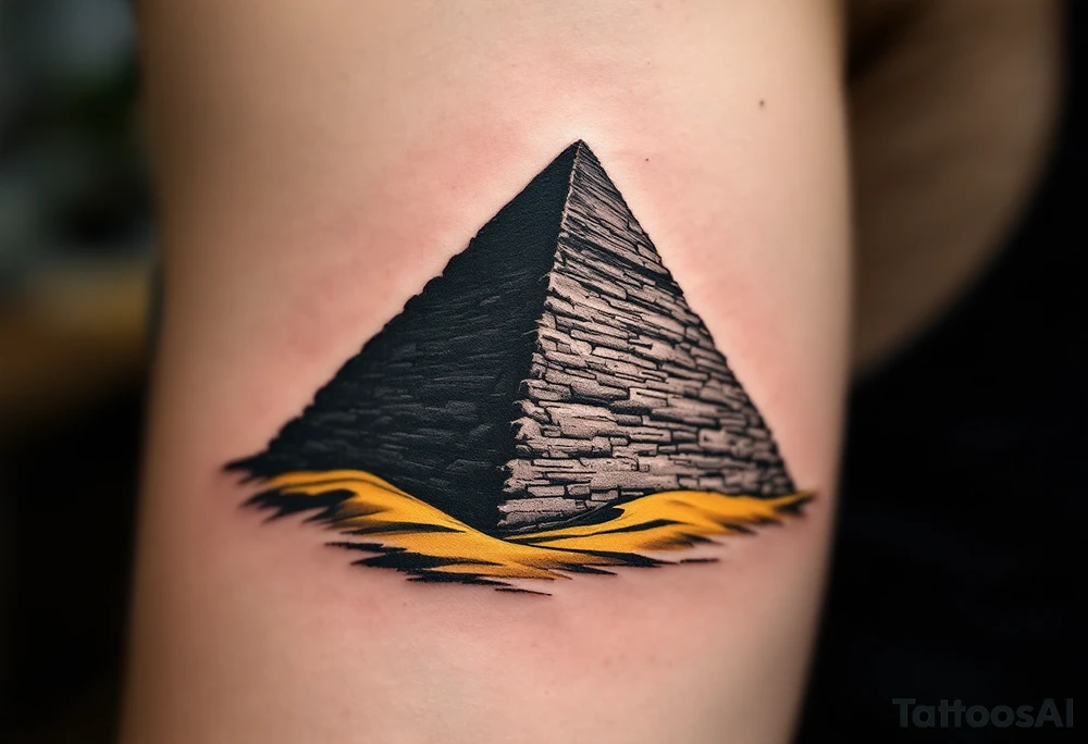 A jet-black pyramid casting a shadow over a golden sand dune. tattoo idea