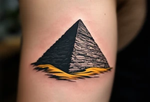 A jet-black pyramid casting a shadow over a golden sand dune. tattoo idea