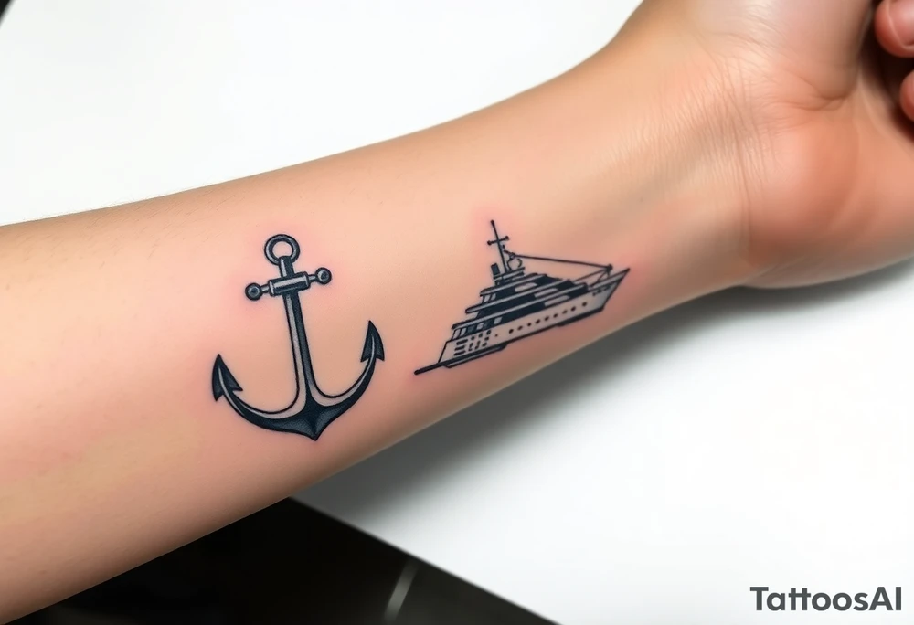 bold man with anchor and yacht
put on arm tattoo idea