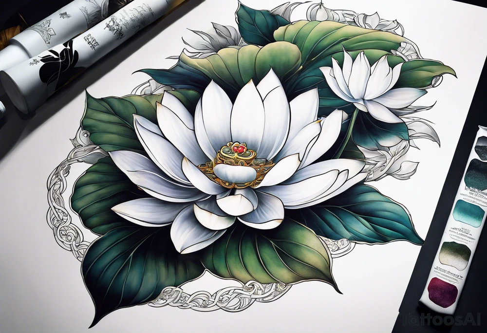 A sleeve with a a Rhaven A white Lotus 1990 and something showing change with the Rhaven tattoo idea