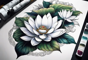 A sleeve with a a Rhaven A white Lotus 1990 and something showing change with the Rhaven tattoo idea