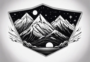 mountain and space in thick line art tattoo idea