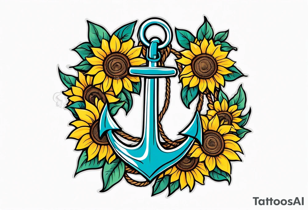 Anchor, wrapped in rope, with sunflowers intertwined throughout, thigh tattoo tattoo idea