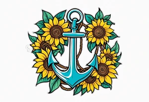 Anchor, wrapped in rope, with sunflowers intertwined throughout, thigh tattoo tattoo idea