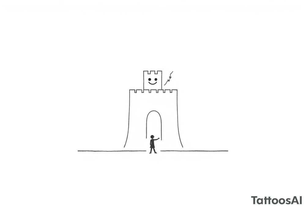 Create a minimalistic tattoo design based on a trapezoid shape representing a trap or siege. The trapezoid is the main background and frame.

Inside the trapezoid:

1. A small, simple castle at the top center with smooth walls and a short tower on one side, symbolizing loneliness.


2. A tiny black brick embedded in the castle wall, representing a 225 mg Tramadol pill — looks like a small dark dot from afar.


3. A small smiling mask on the tower with two dots for eyes and a curved line for a mouth, symbolizing hiding inner pain behind a smile.


4. A thin, irregular crack running from the bottom to the top of the castle wall, representing inner wounds and fractures.


5. A thin diagonal ray of light shining from one of the castle windows, symbolizing hope amidst darkness.


6. An abstract, minimal dancer figure in the castle courtyard made with simple lines, symbolizing dancing and perseverance despite being trapped.



The overall design should look clean and geometric from afar, but each element carries personal symbolism and emotional depth. tattoo idea