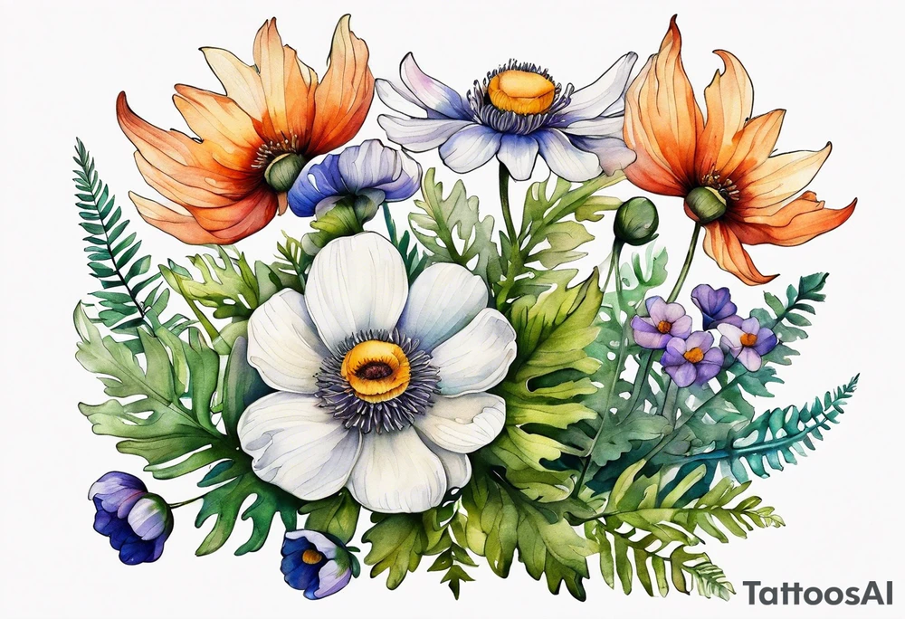 wild flowers with ferns and white anemone all watercolor tattoo idea