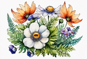 wild flowers with ferns and white anemone all watercolor tattoo idea