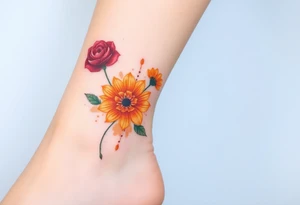 a colorful, vibrant, watercolor tattoo with one red rose, one orange lily, one gold marigold, and one orange cosmos flower and with splashes of color tattoo idea