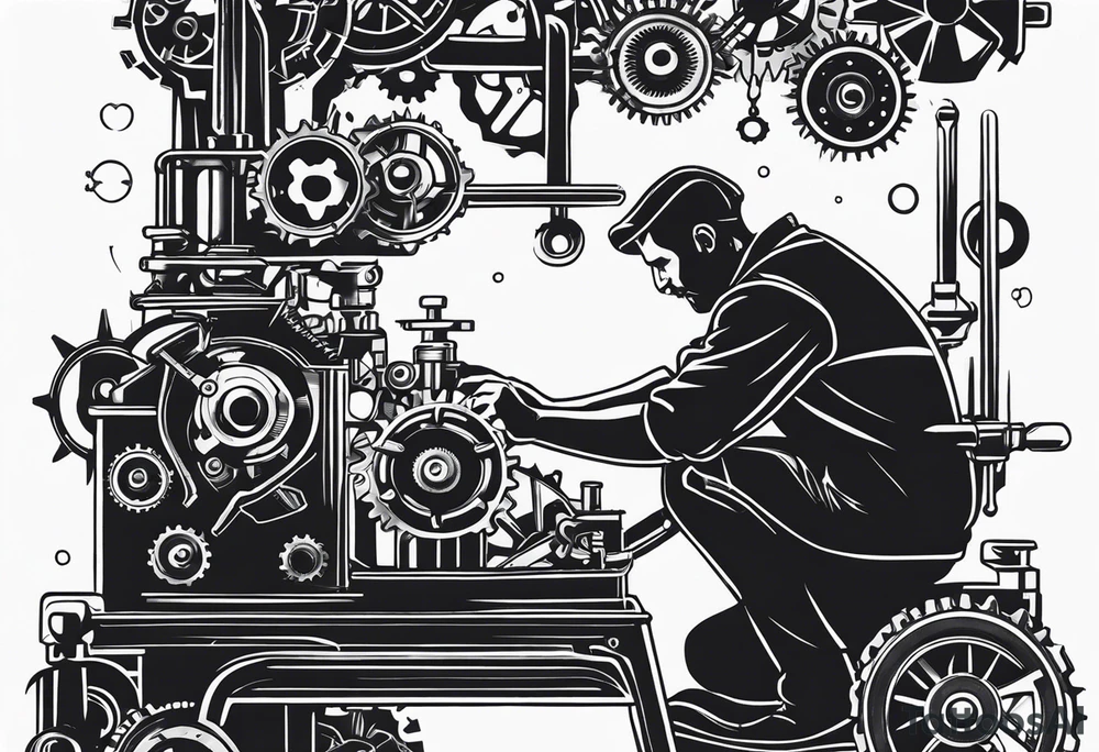 Create a BLACK and white drawing of a mechanic working on a machine, surrounded by mechanical elements like gears and tools. Clear lines and no shadows tattoo idea