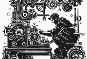 Create a BLACK and white drawing of a mechanic working on a machine, surrounded by mechanical elements like gears and tools. Clear lines and no shadows tattoo idea