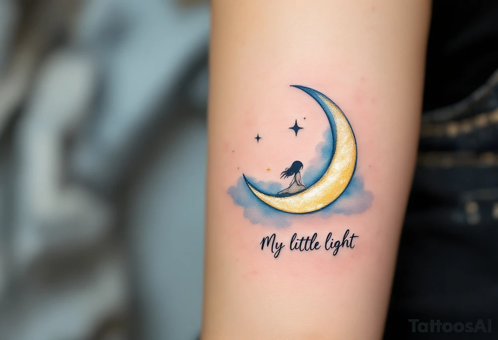 A crescent moon and small star in gold and soft blue with little girl sitting on the Moon “My Little Light” in flowing script. tattoo idea