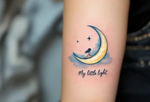 A crescent moon and small star in gold and soft blue with little girl sitting on the Moon “My Little Light” in flowing script. tattoo idea