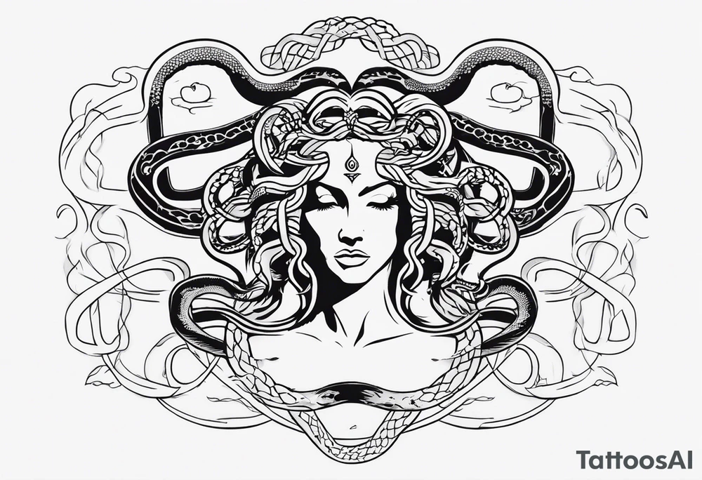 medusa, snakes, with words, SA. tattoo idea