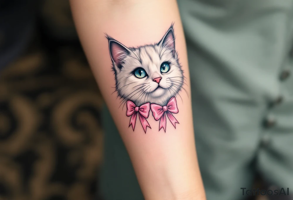 This cute white persian cat tattoo of Marie with two pink bows in soft whites and pinks is a must for any The Aristocats fan. tattoo idea