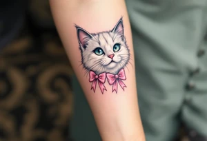 This cute white persian cat tattoo of Marie with two pink bows in soft whites and pinks is a must for any The Aristocats fan. tattoo idea