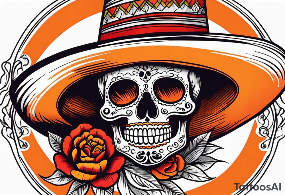 Mexican skull with sombrero with smoke coming out of the bottom orange and red tattoo idea