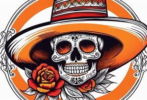 Mexican skull with sombrero with smoke coming out of the bottom orange and red tattoo idea