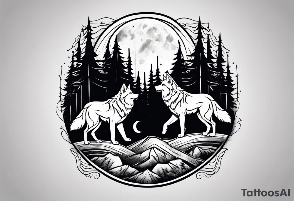 Mountain peaks
Two wolves
Moon
Dark woods
Trail tattoo idea