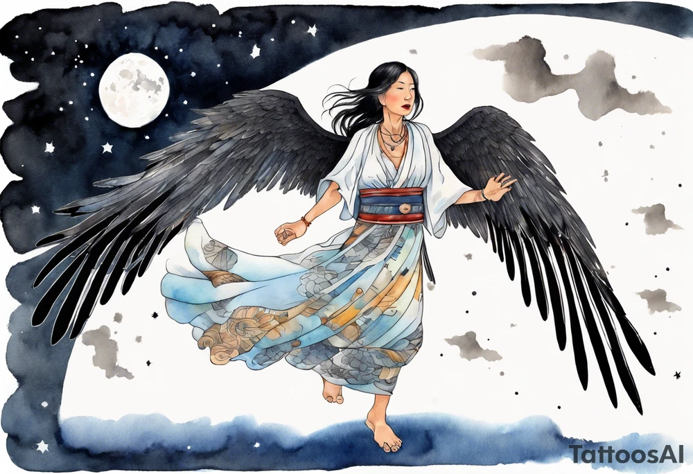 a beautiful 55 year old Dakota woman wearing a tunic, flying in the night sky with black wings, bare feet tattoo idea