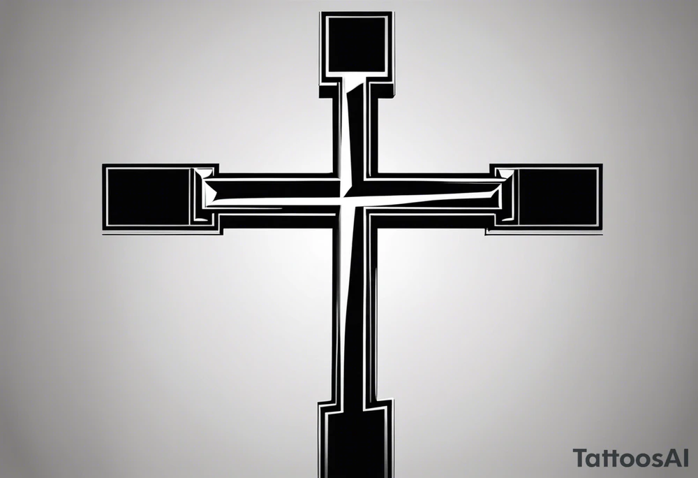 A simple black cross tattoo design with the word 'JESUS' written vertically in the center. The cross should be blocky and bold with sharp edges. The word 'JESUS' should be in uppercase block letters, perfectly aligned within the vertical line of the cross. The design should reflect simplicity and clarity, with strong, clean lines and no additional details or embellishments. tattoo idea