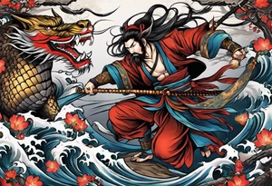 47 Ronin fighting mythical japanese creatures tattoo idea